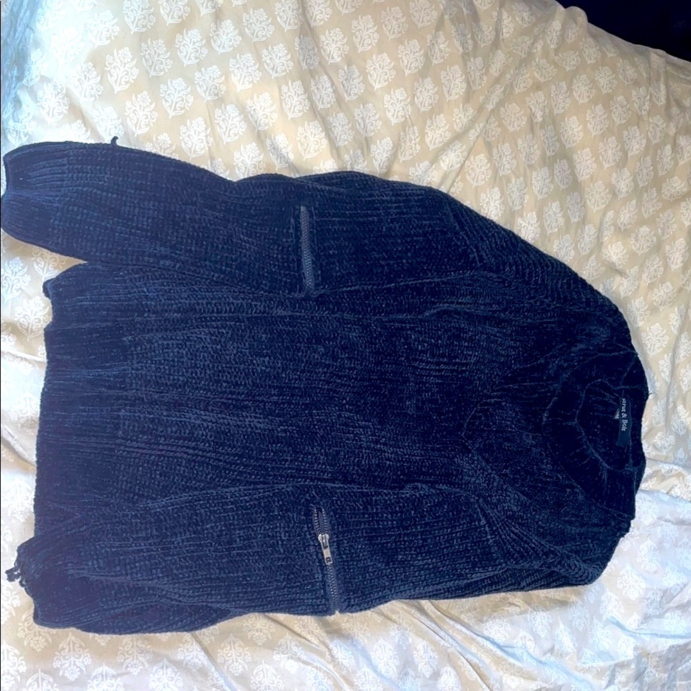 Dark Blue Ribbed Sweater with Zipper Accents